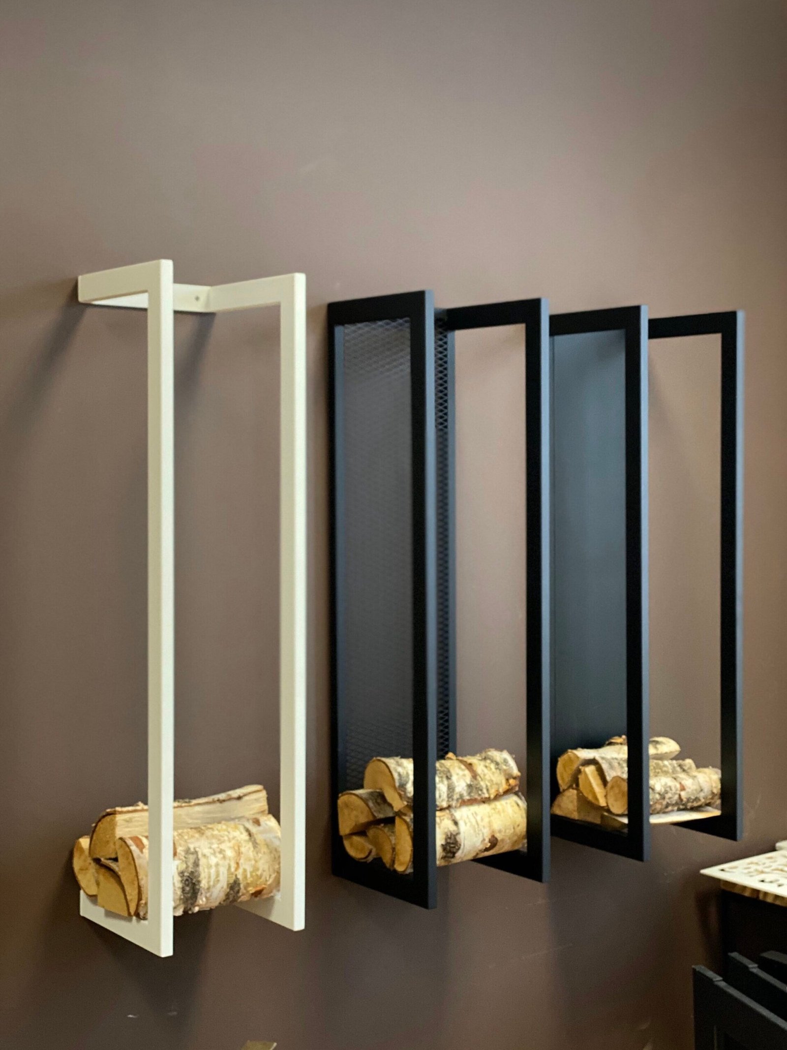 Plate wall mounted firewood rack, view 4