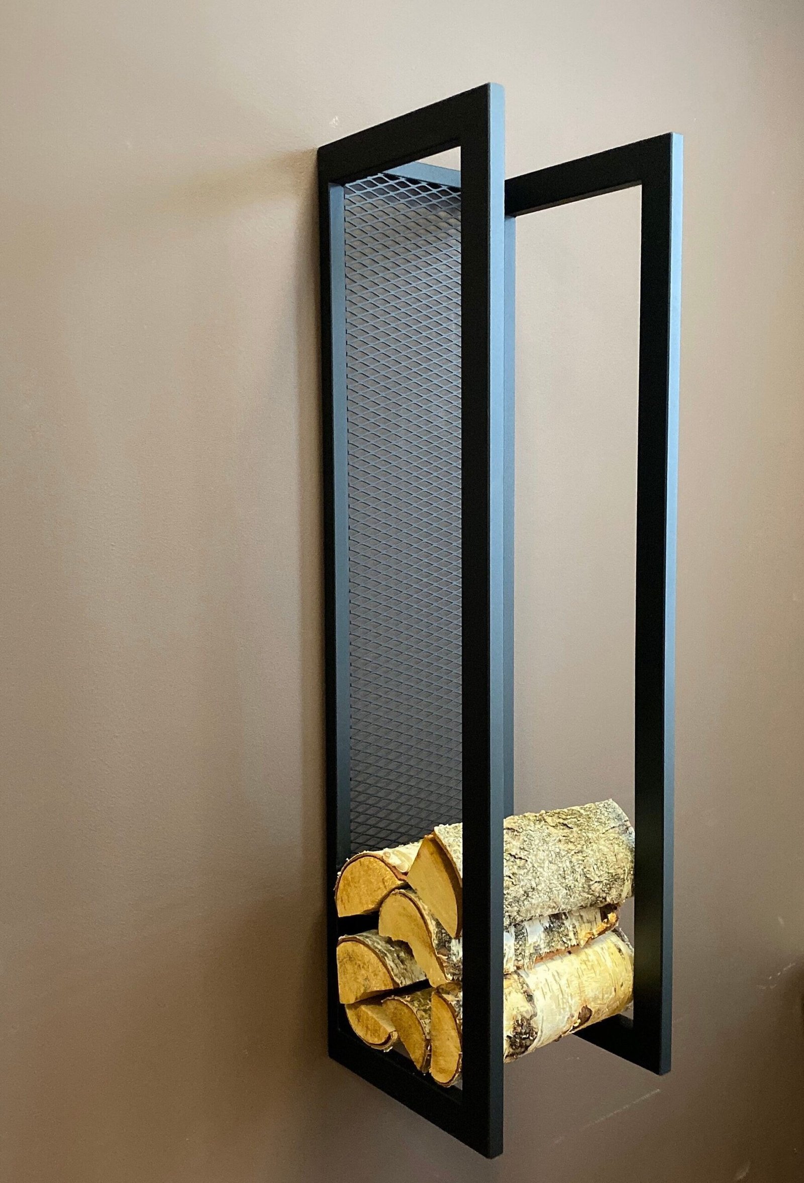 Cedar wall mounted firewood rack, view 2