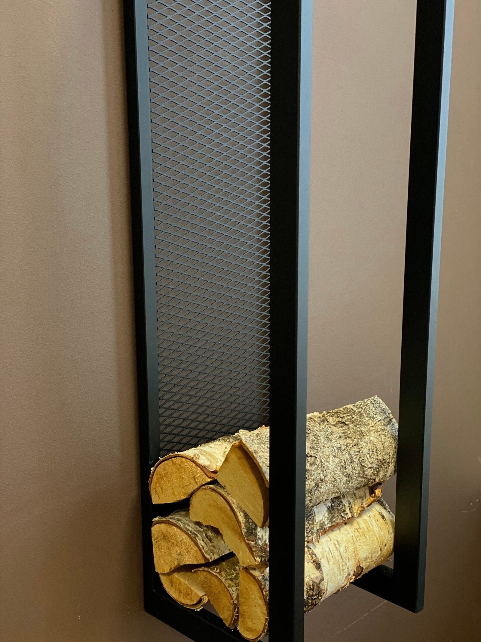 Cedar wall mounted firewood rack, view 3